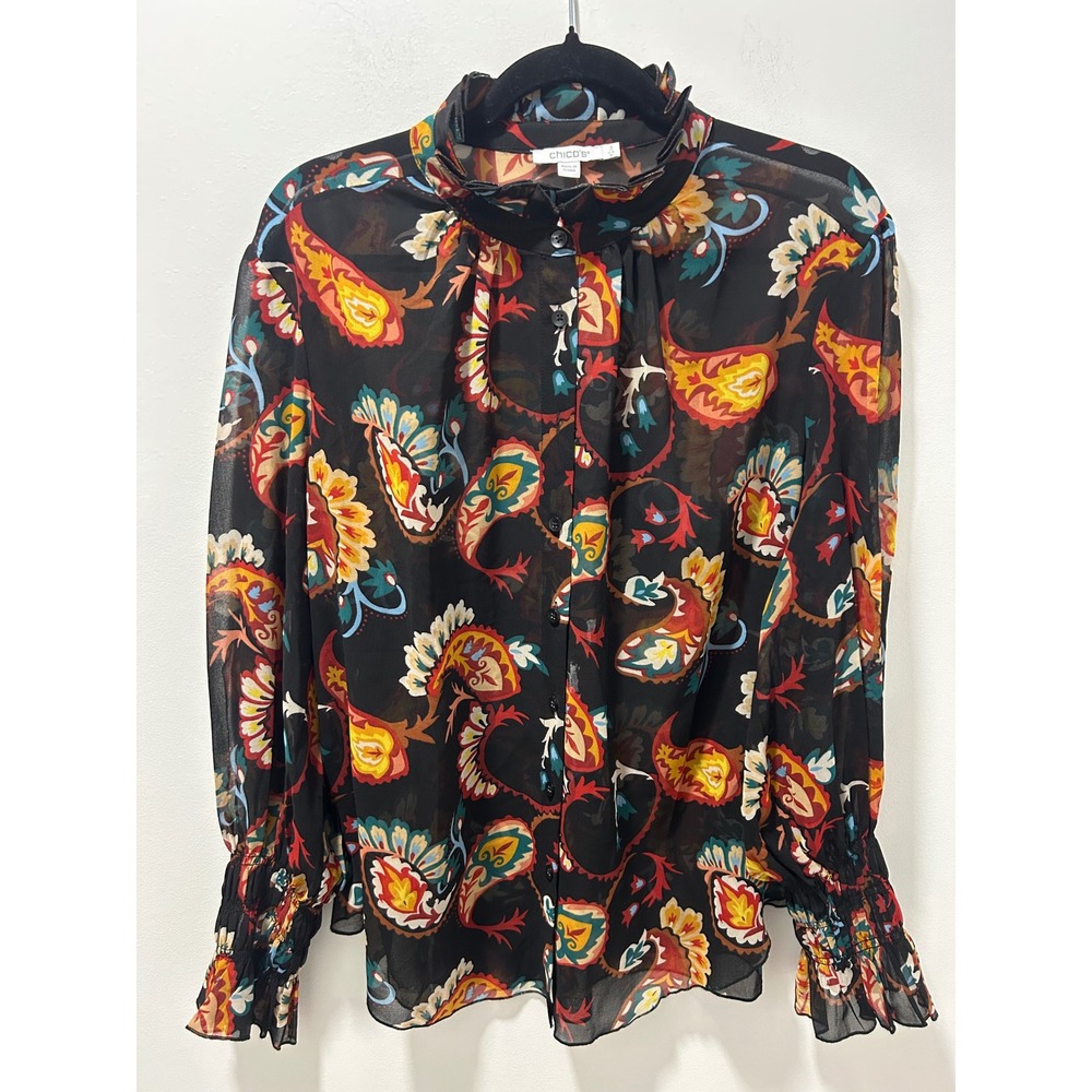 Chicos Paisley Chiffon Blouse Black Multi Ruffle Neck Smocked Cuff Size 3 US 16